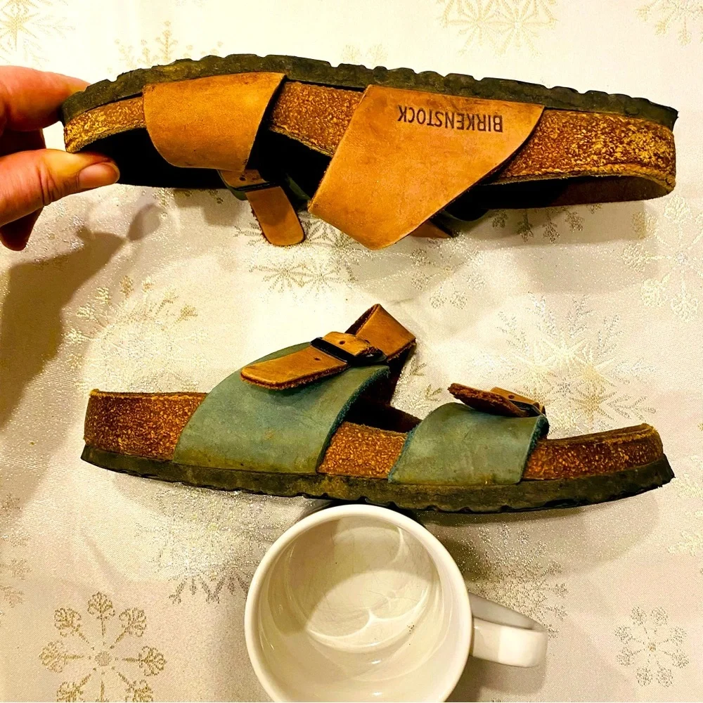 Birkenstock Arizona 2 strap buckle 2-tone brown green leather sandals EU37    WH - Picture 3 of 6